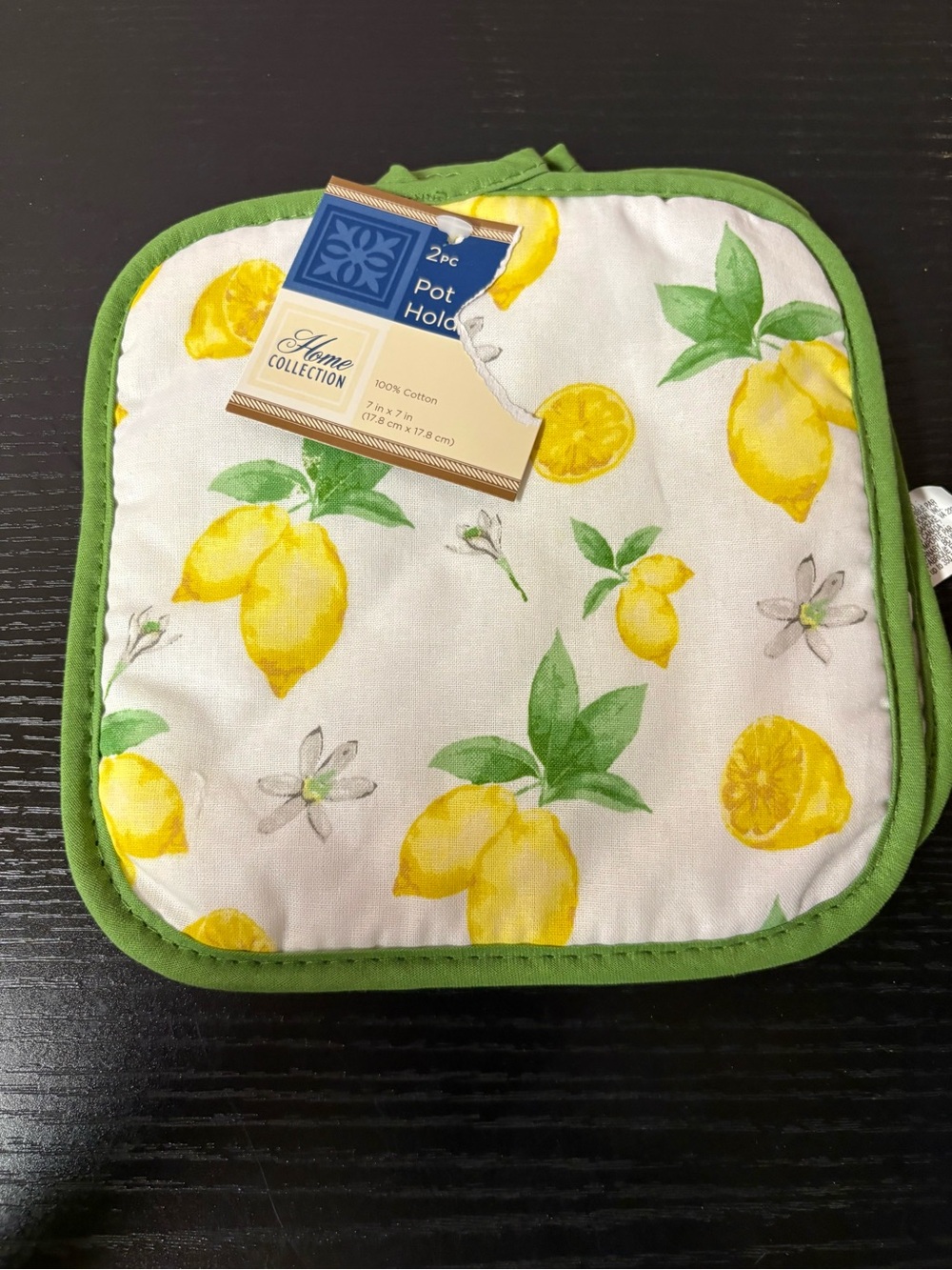 Lemon Print Pot Holders Set 2 Pc Home Collection Cotton Kitchen